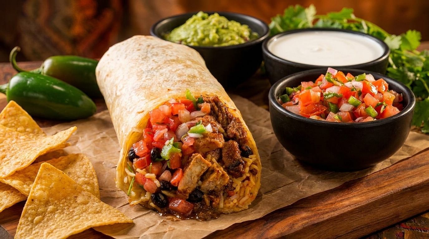 A large burrito with chicken, rice, beans, and salsa, served with chips, guacamole, sour cream, and jalapeños.
