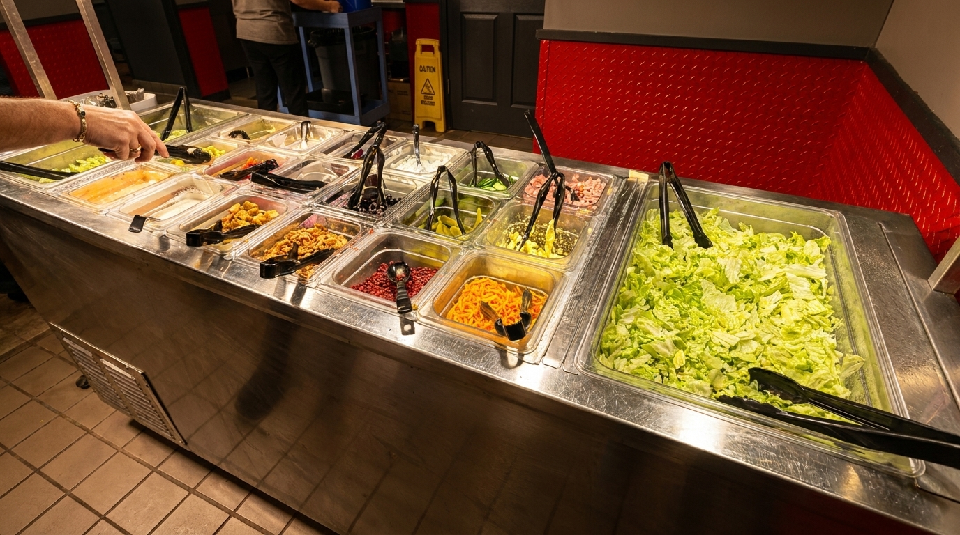 A person's hand using tongs to select items from a well-stocked salad bar with various toppings.