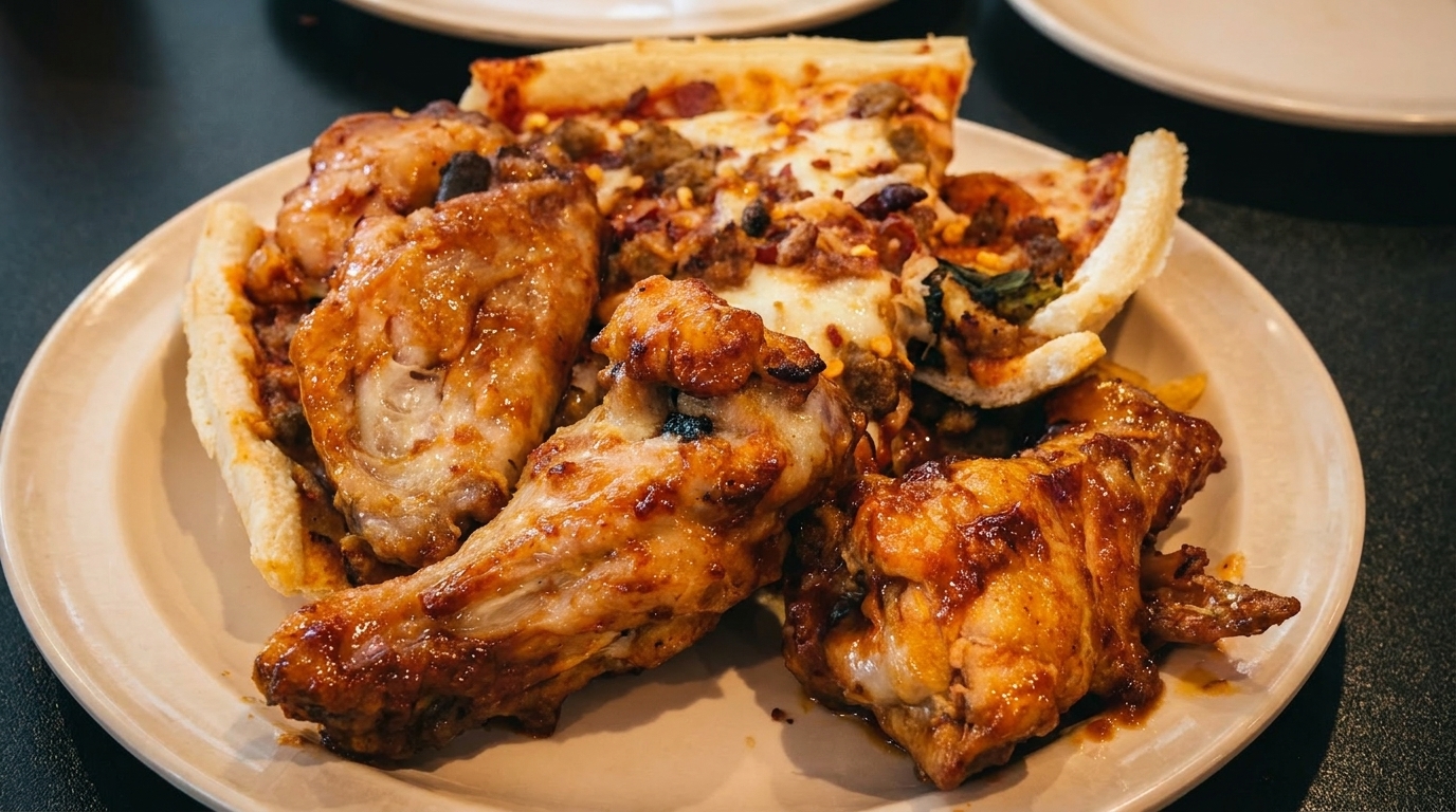 A white plate holds several golden-brown chicken wings and slices of pizza with meat toppings.