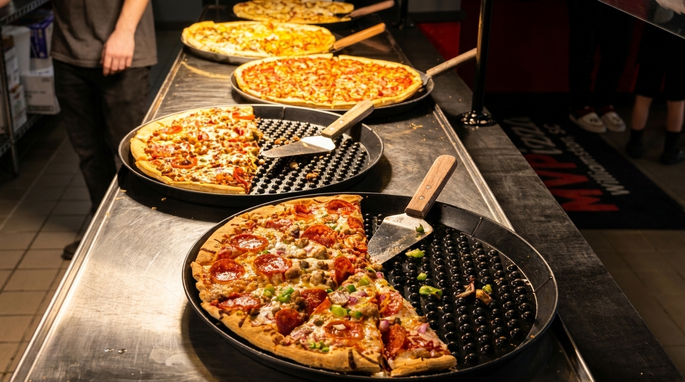 Multiple pizzas with various toppings on a buffet line, with serving spatulas in each pan.