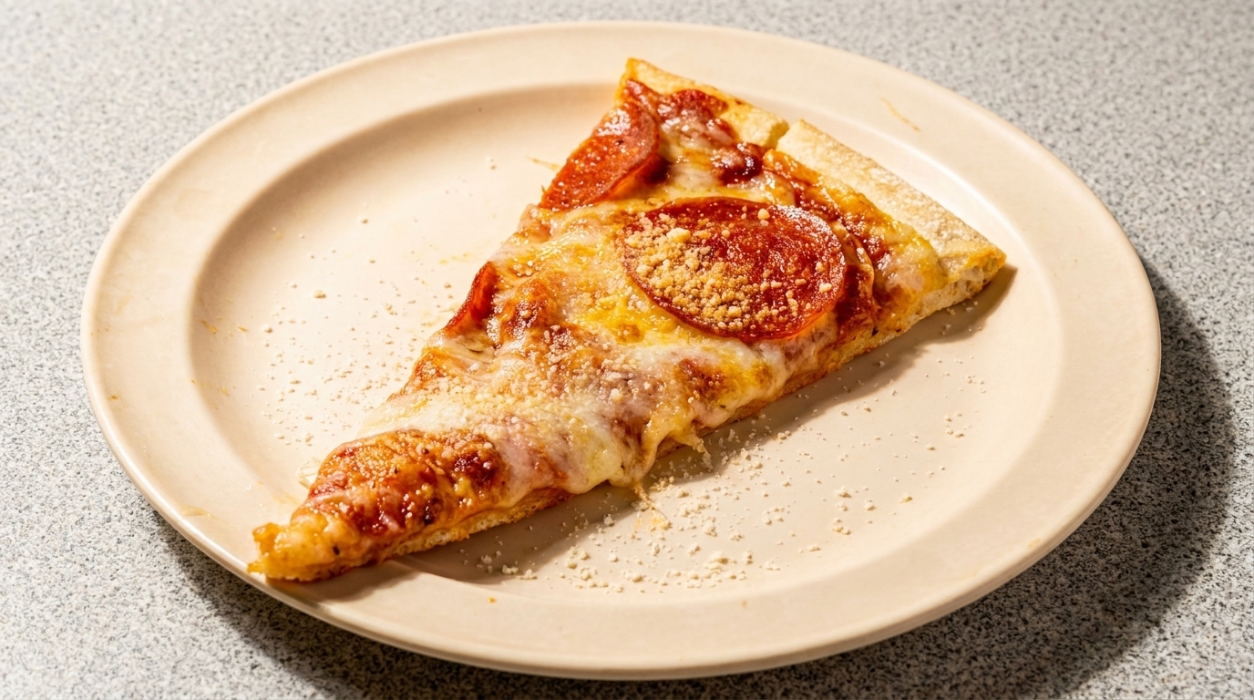 A single slice of pepperoni pizza with melted cheese and parmesan on a beige plate.