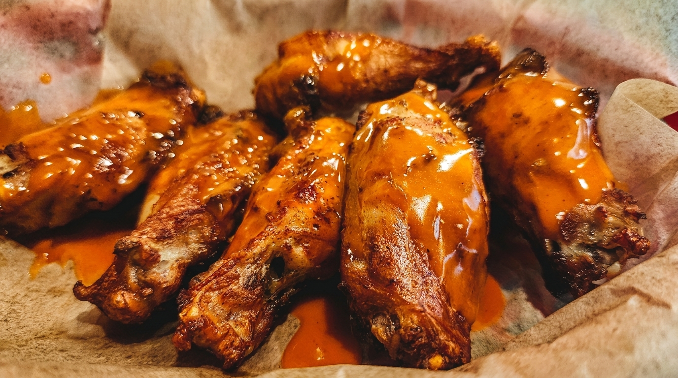 Six glistening, saucy chicken wings nestled in a paper-lined basket, ready to be eaten.
