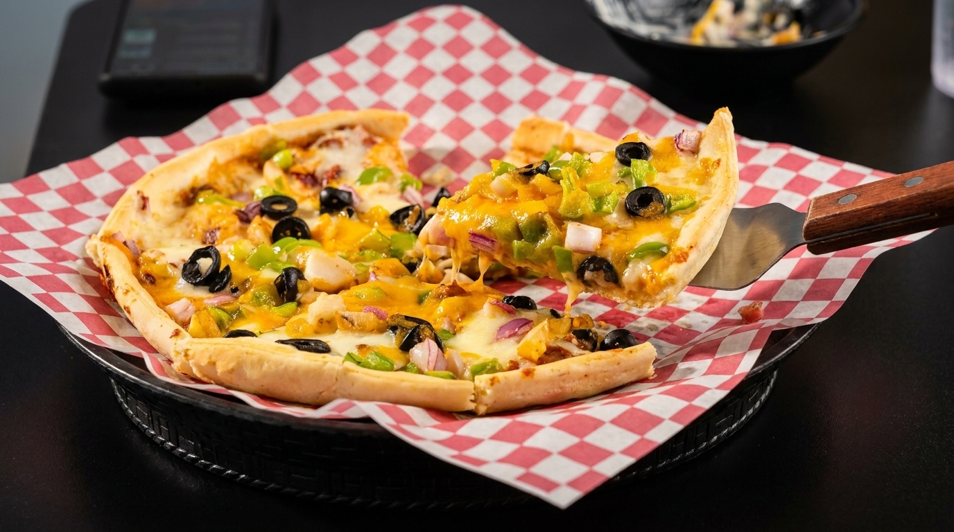 A slice of deep-dish pizza with melted cheese, olives, and peppers being lifted from a pan.