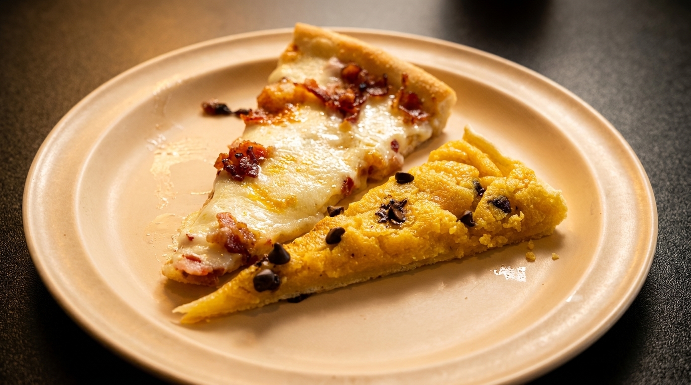 A slice of bacon pizza and a slice of chocolate chip cookie pizza on a beige plate.