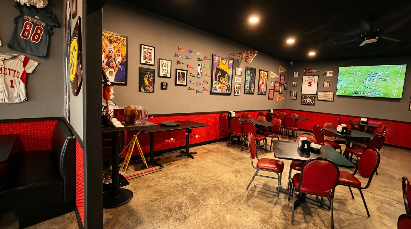 Sports bar interior with red and black seating, sports memorabilia on walls, and a large TV showing football.
