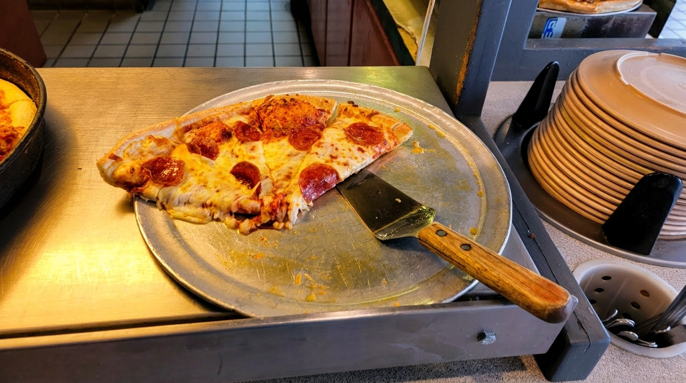 Pepperoni pizza slices on a metal tray with a serving spatula, next to stacked plates.