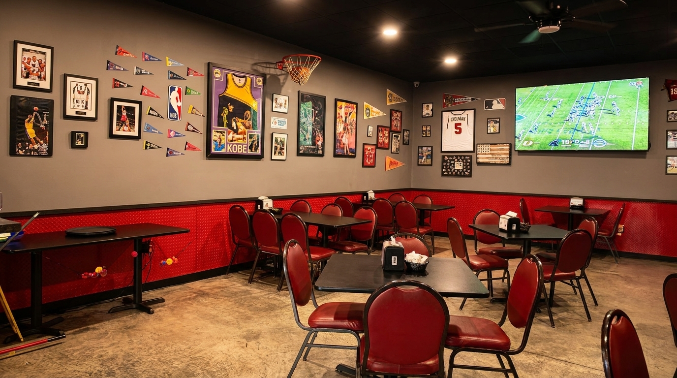 Sports-themed restaurant interior with red chairs, black tables, and sports memorabilia on gray walls.