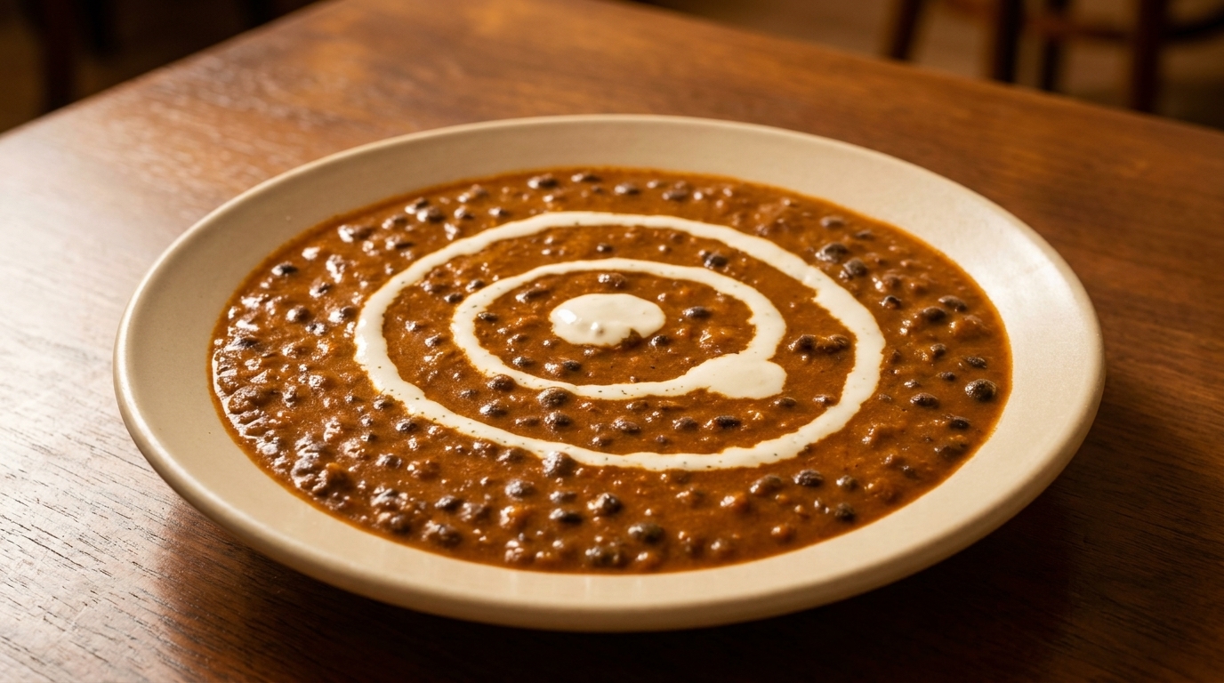 Creamy black lentil dal with a swirl of white cream, served in a light bowl on a wooden table.