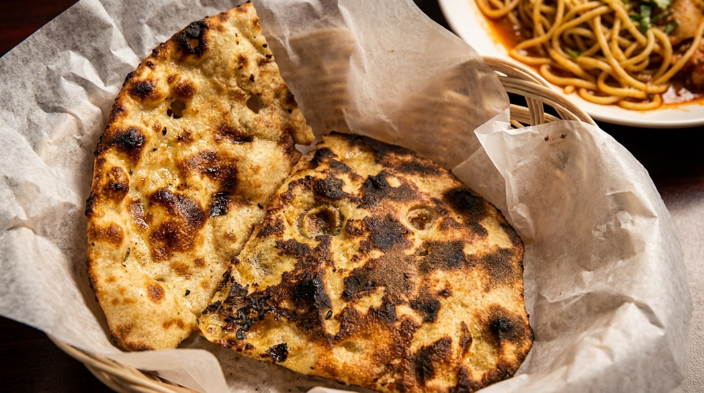 Two pieces of charred naan bread in a basket lined with white paper, with pasta in the background.