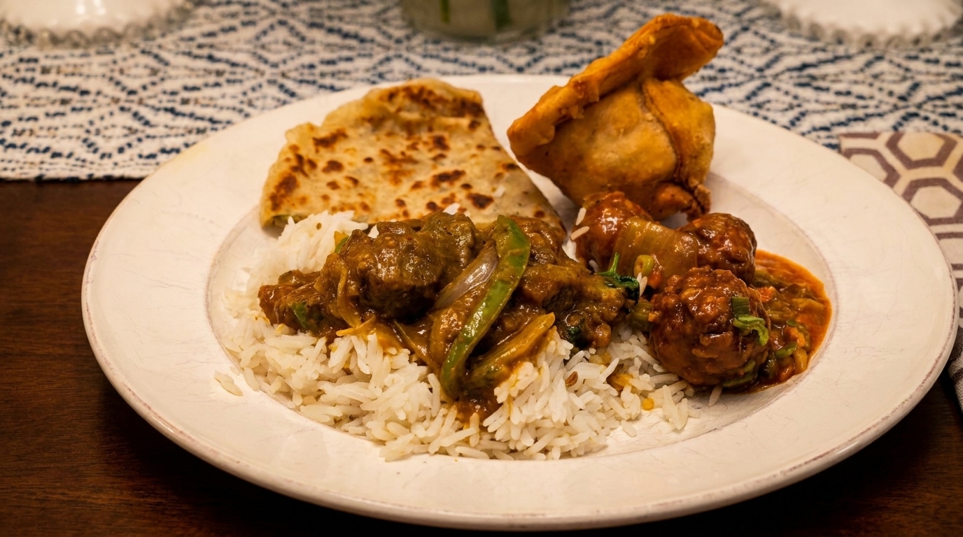 A white plate with rice, curry, meatballs, a samosa, and flatbread on a patterned tablecloth.