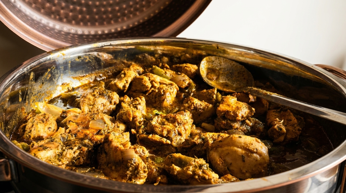 Close-up of a chafing dish filled with chicken curry, featuring a serving spoon.