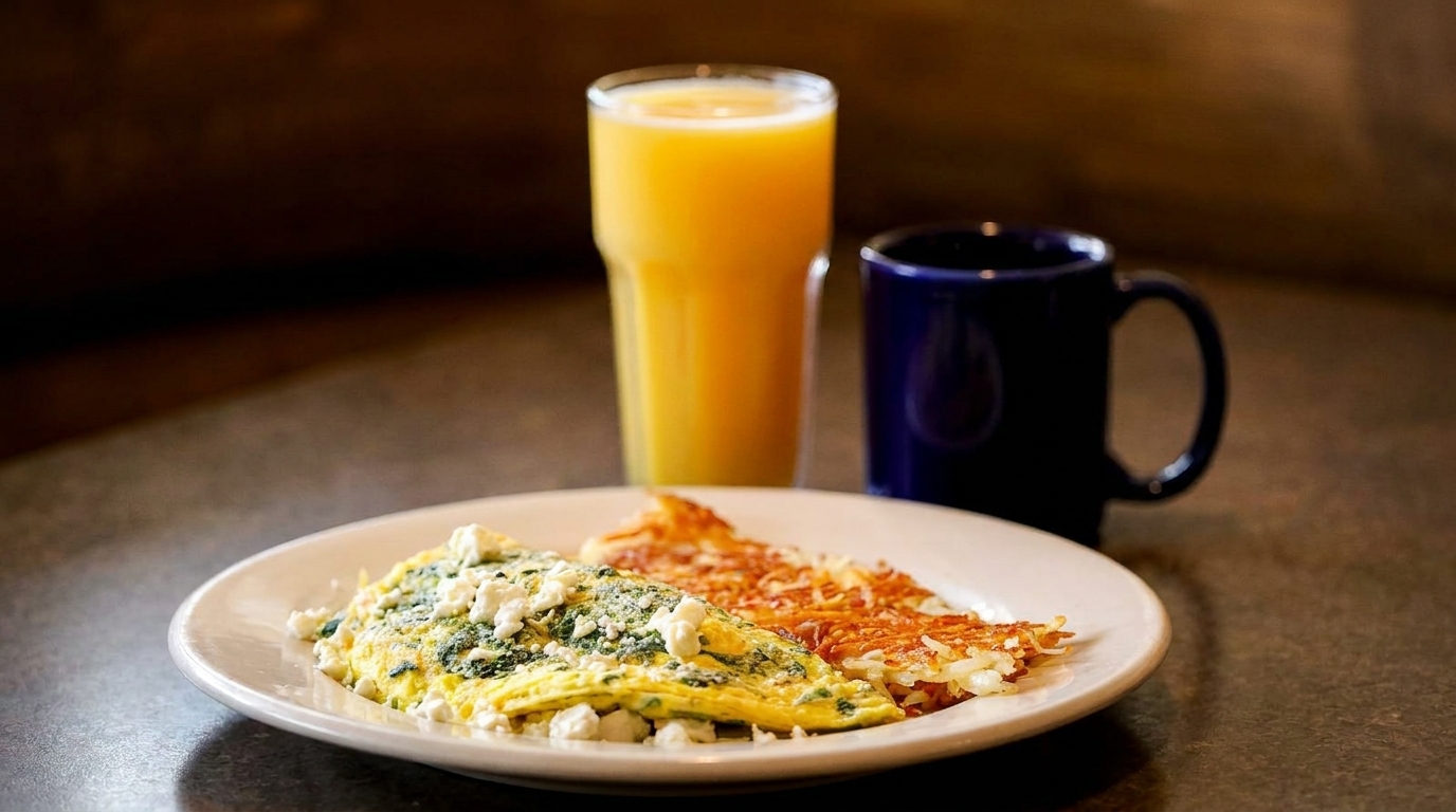 A spinach and feta omelet with hash browns, orange juice, and coffee on a table.