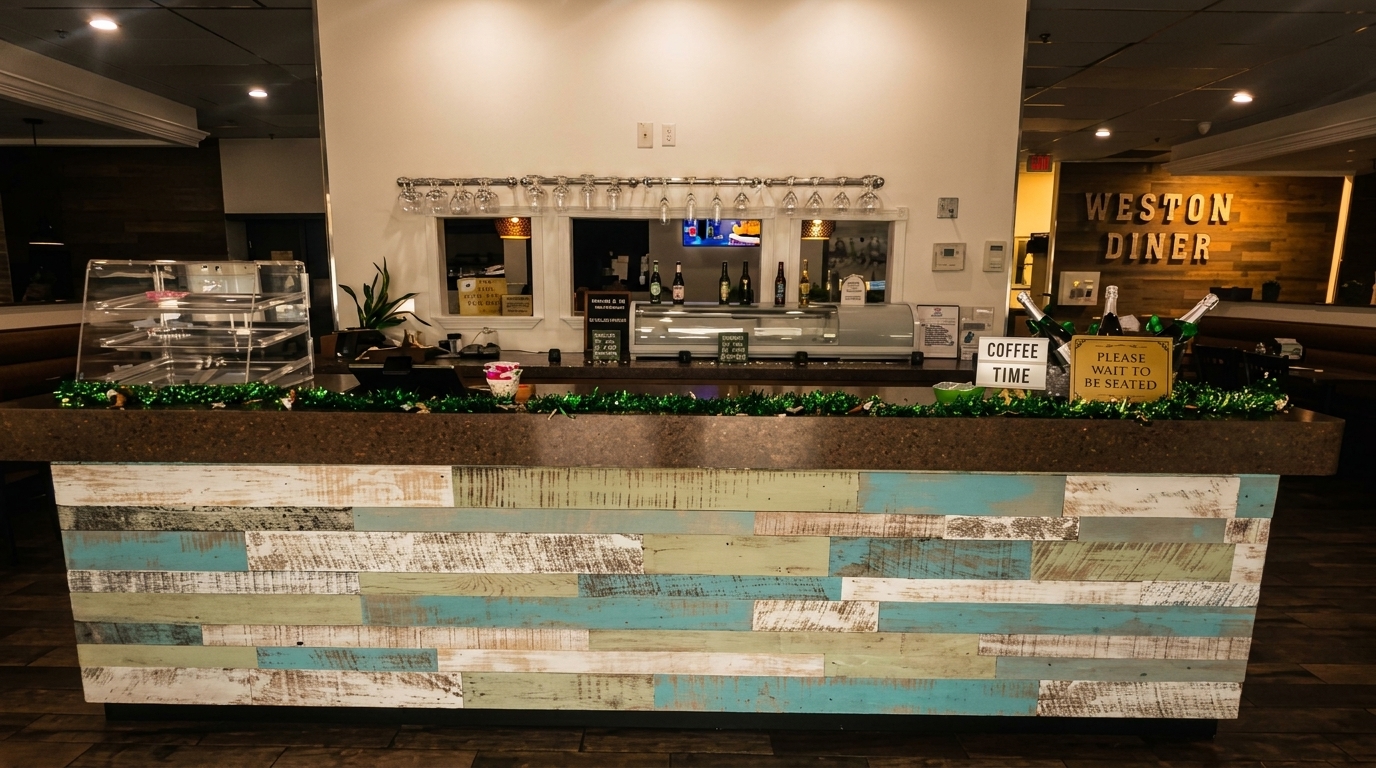 A rustic wooden counter with a "Please Wait to Be Seated" sign and "Coffee Time" light box.