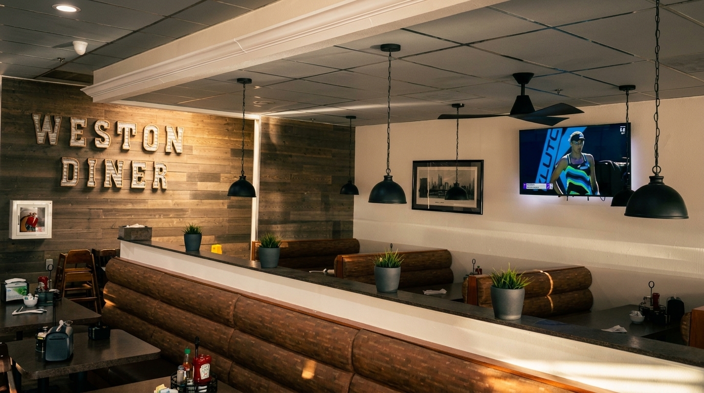 Interior of Weston Diner with wooden walls, booth seating, hanging lights, and a TV showing tennis.