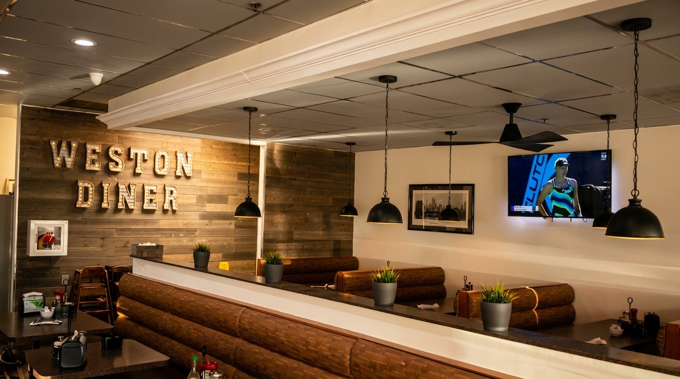 Interior of Weston Diner with wooden walls, booth seating, hanging lights, and a TV showing tennis.