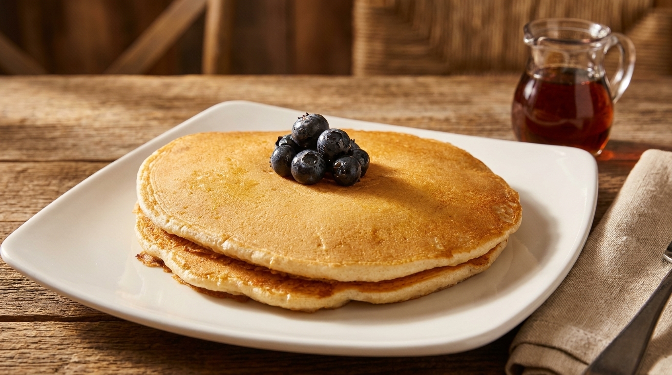 Golden pancakes topped with fresh blueberries on a white plate, with a pitcher of syrup.