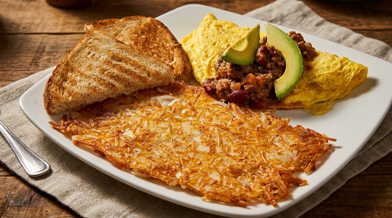 Chili omelet with avocado, hash browns, and toast on a white plate, on a wooden table.