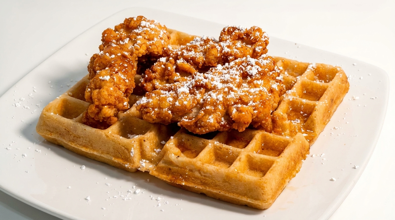 Crispy fried chicken tenders dusted with powdered sugar on a golden waffle with syrup.