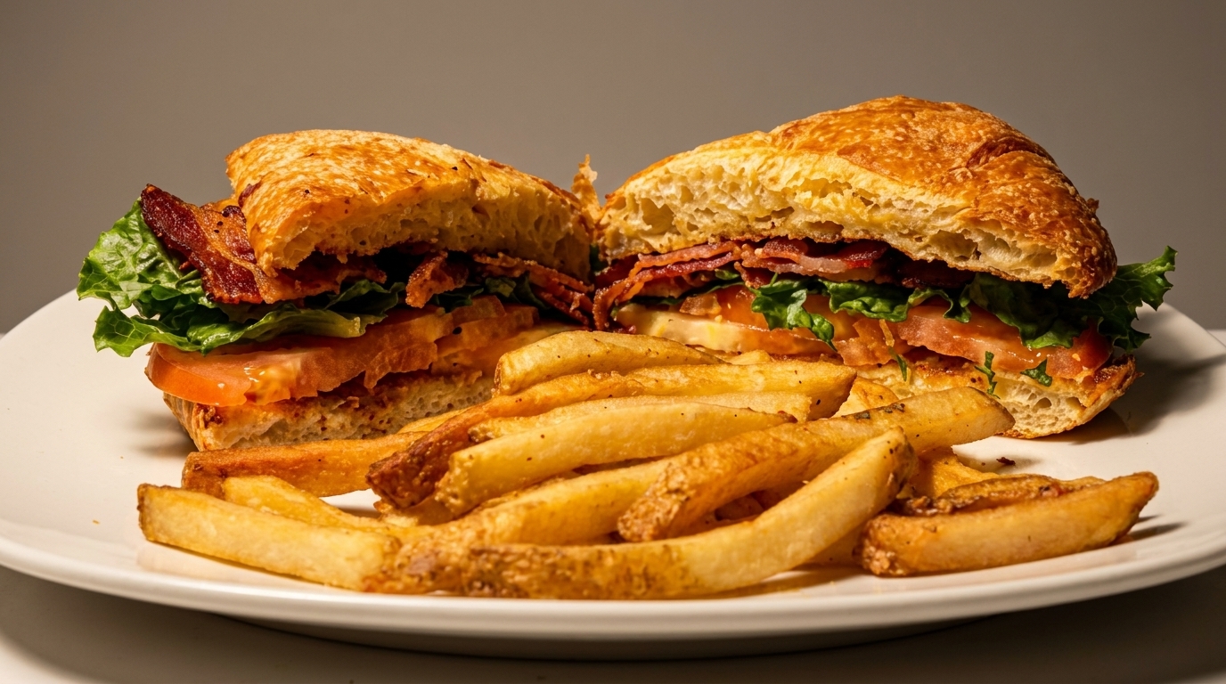 A BLT sandwich, cut in half, with crispy bacon, lettuce, and tomato, served with golden fries.