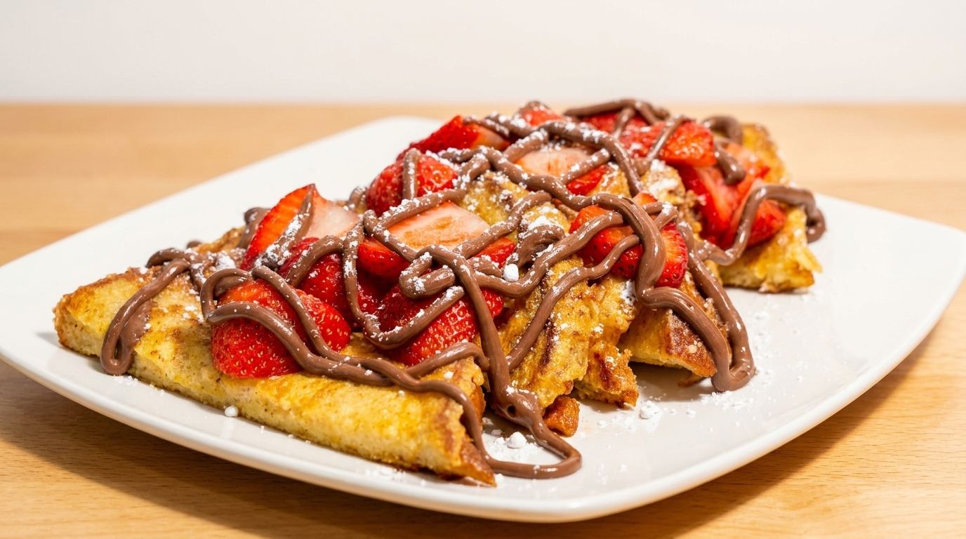 Golden French toast topped with fresh strawberries, chocolate drizzle, and powdered sugar on a white plate.