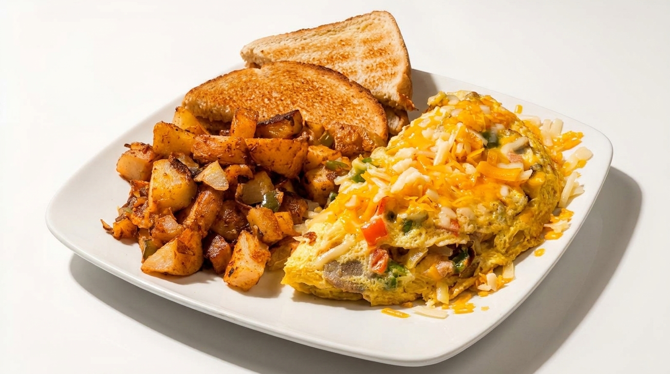 A breakfast plate with a cheese omelet, home fries, and two slices of toast.