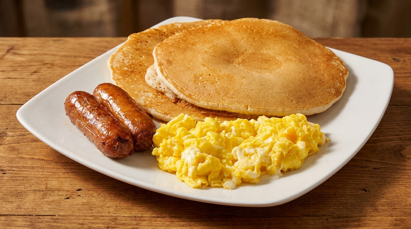 A breakfast plate with two pancakes, two sausages, and a serving of scrambled eggs.
