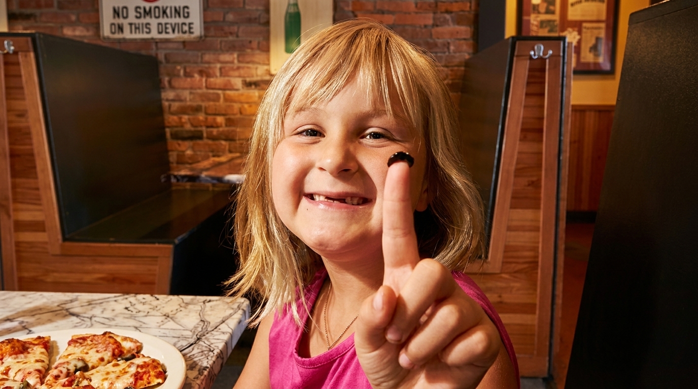 A smiling child with a missing front tooth holds up a finger with an olive on it, next to pizza.
