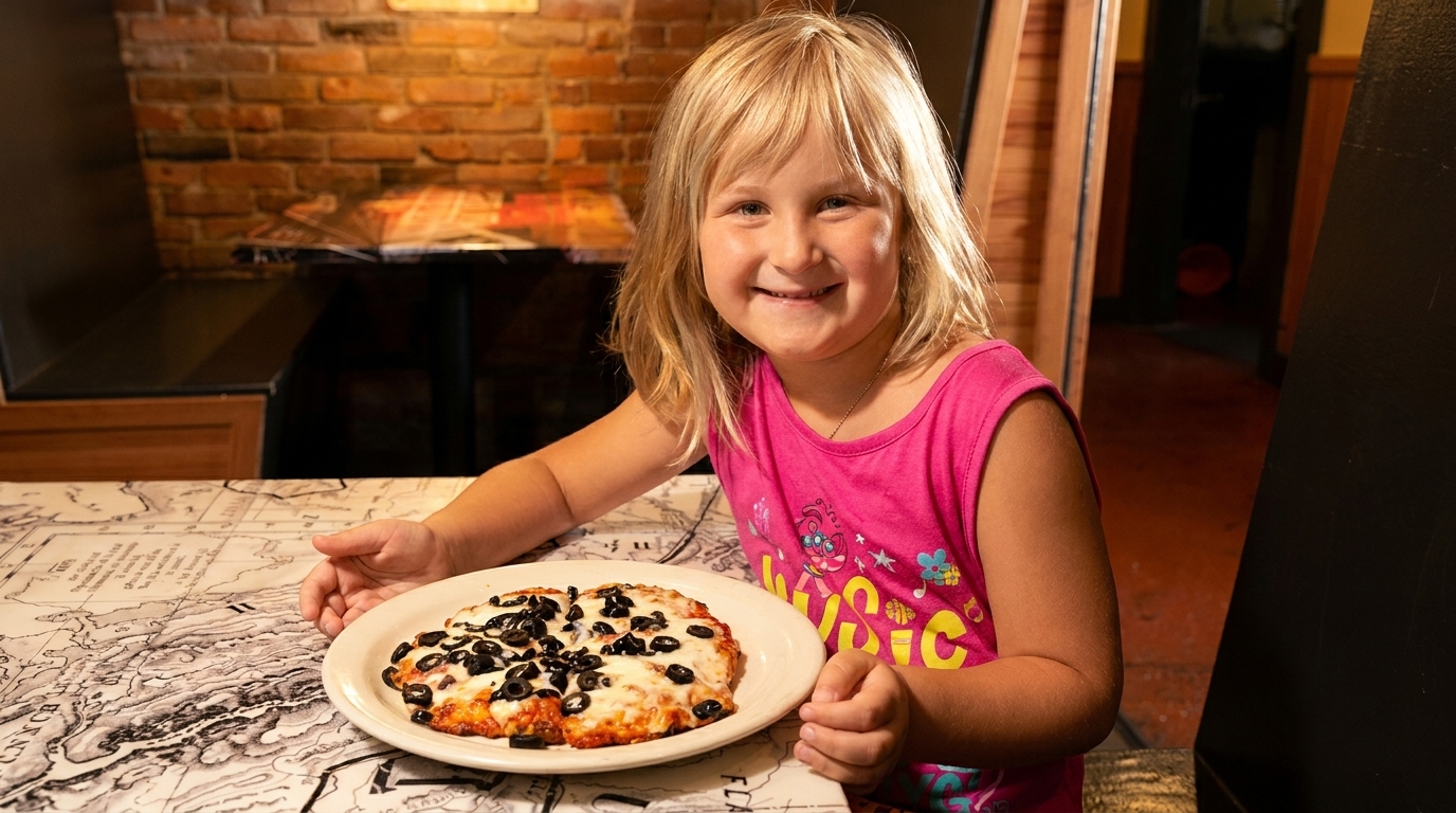 Smiling child with blonde hair in a pink shirt, sitting at a table with a small pizza.