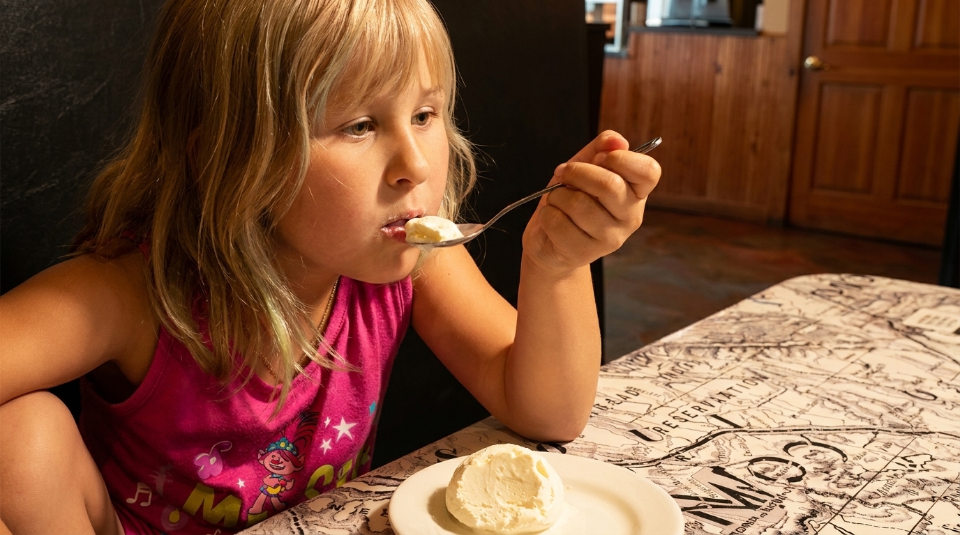 A young girl with blonde hair in a pink shirt eats a scoop of ice cream with a spoon.