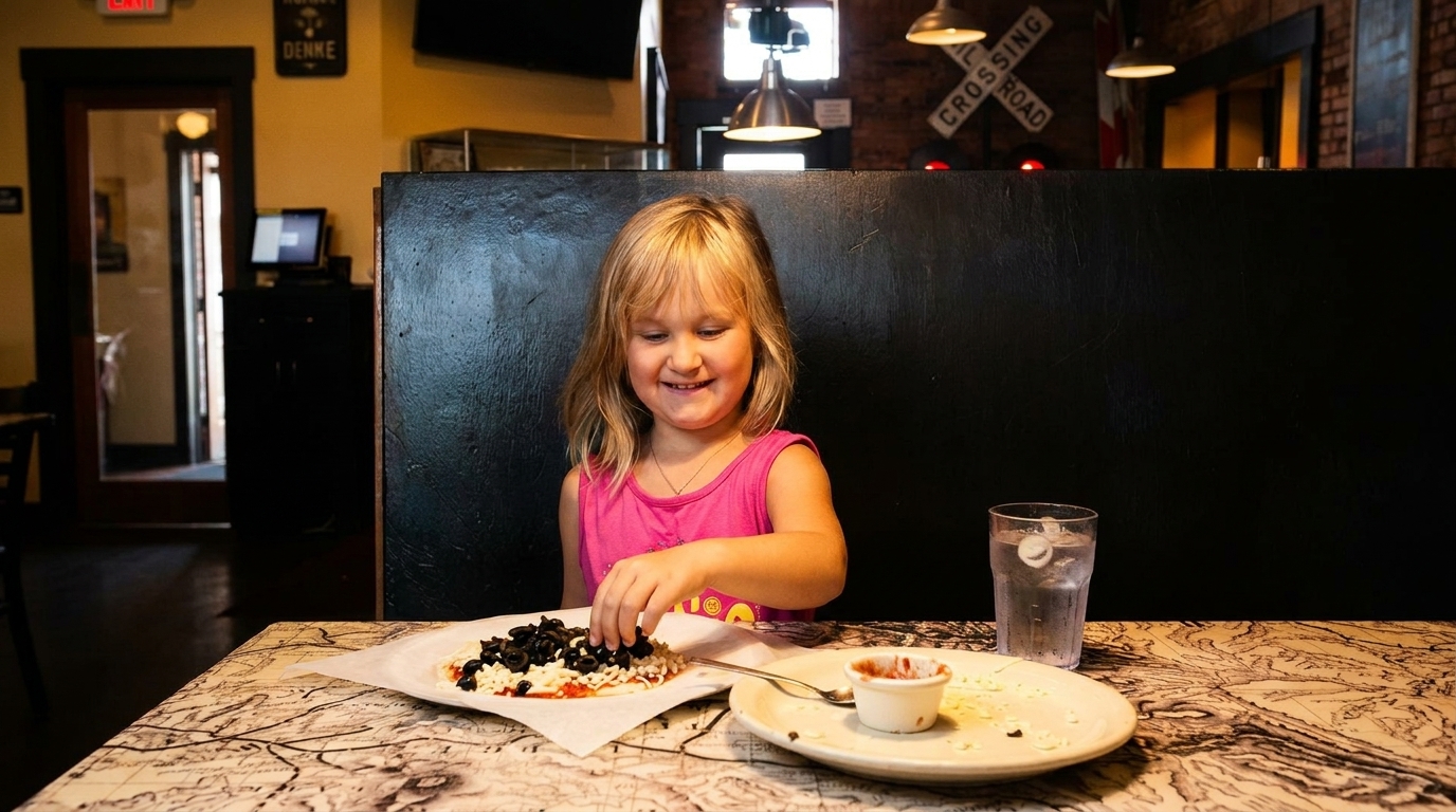 A smiling child in a pink shirt adds olives to a personal pizza at a restaurant table.