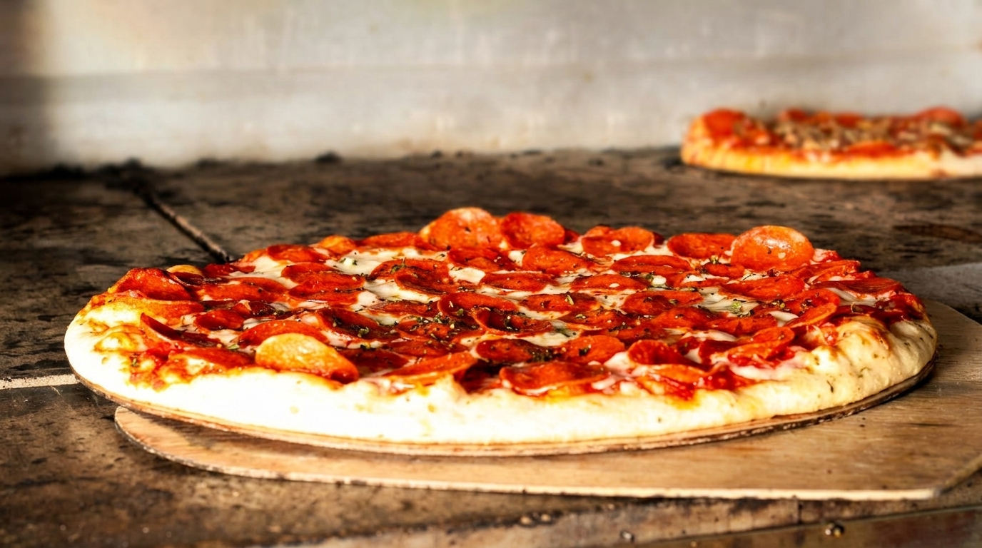 Two pepperoni pizzas baking inside a rustic, stone-lined pizza oven, one in focus.