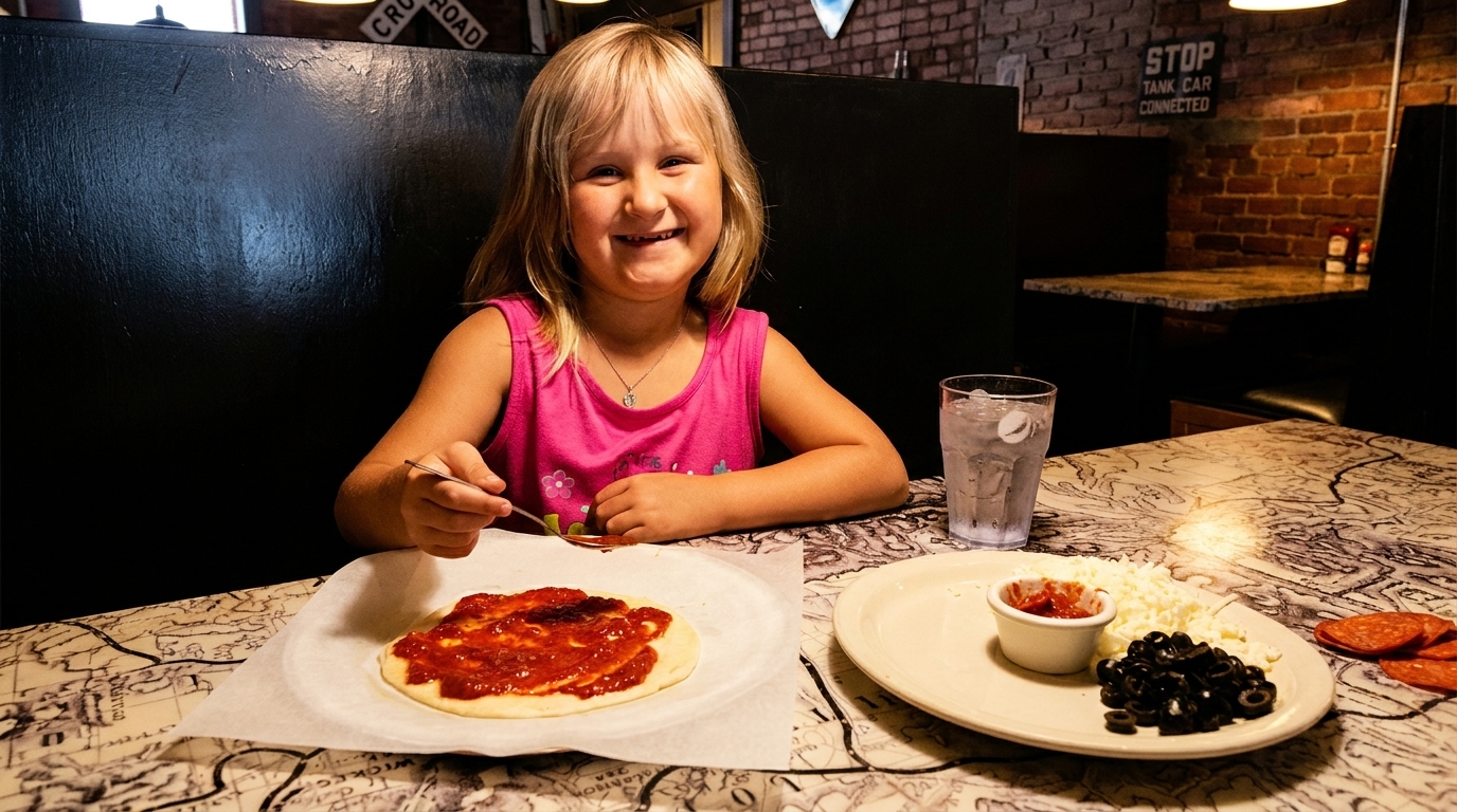A smiling child in a pink shirt spreads sauce on a personal pizza at a restaurant table.