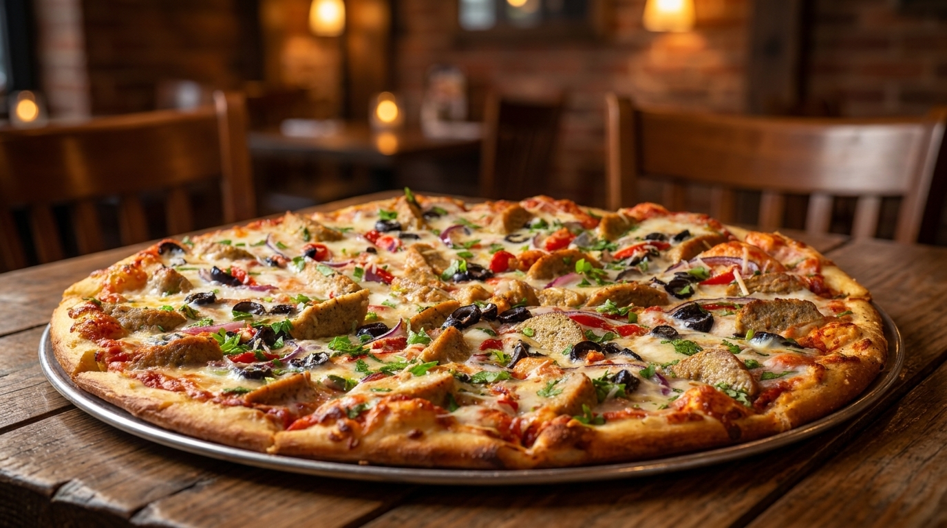 A whole pizza with sausage, olives, red onions, and tomatoes on a wooden table in a restaurant.