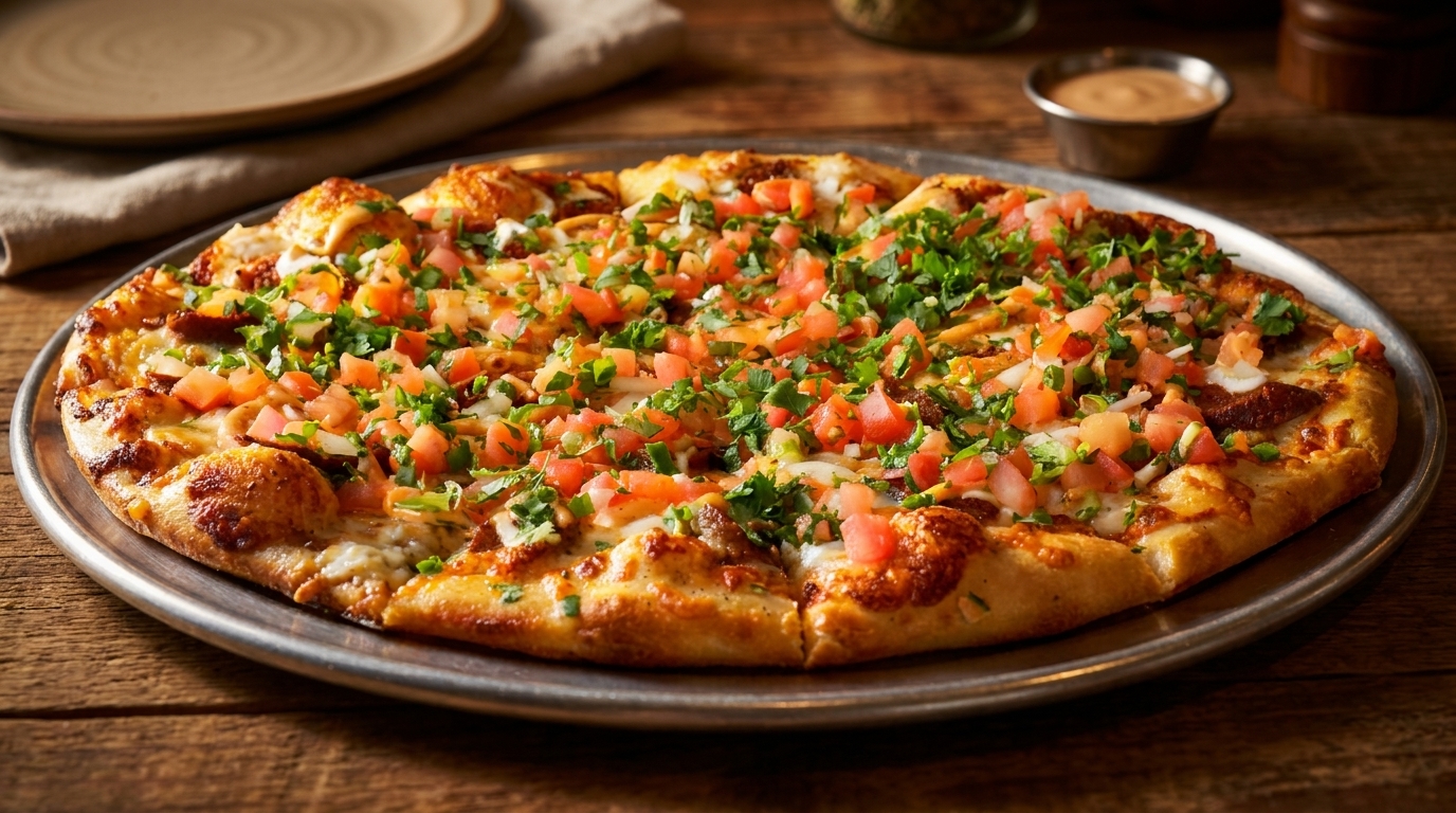 A large, round pizza topped with diced tomatoes, onions, and fresh cilantro on a metal tray.