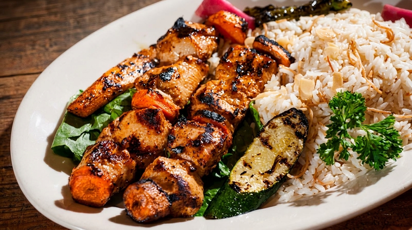 Grilled chicken and vegetable skewers with rice pilaf, garnished with parsley and pickled radish.