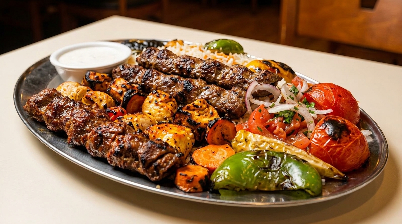 A large platter of grilled kebabs, chicken, vegetables, rice, and a side of white sauce.