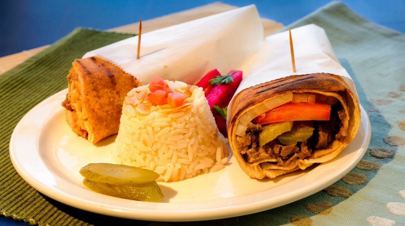 Two shawarma wraps, one cut in half, with rice, pickles, and pickled turnips on a white plate.