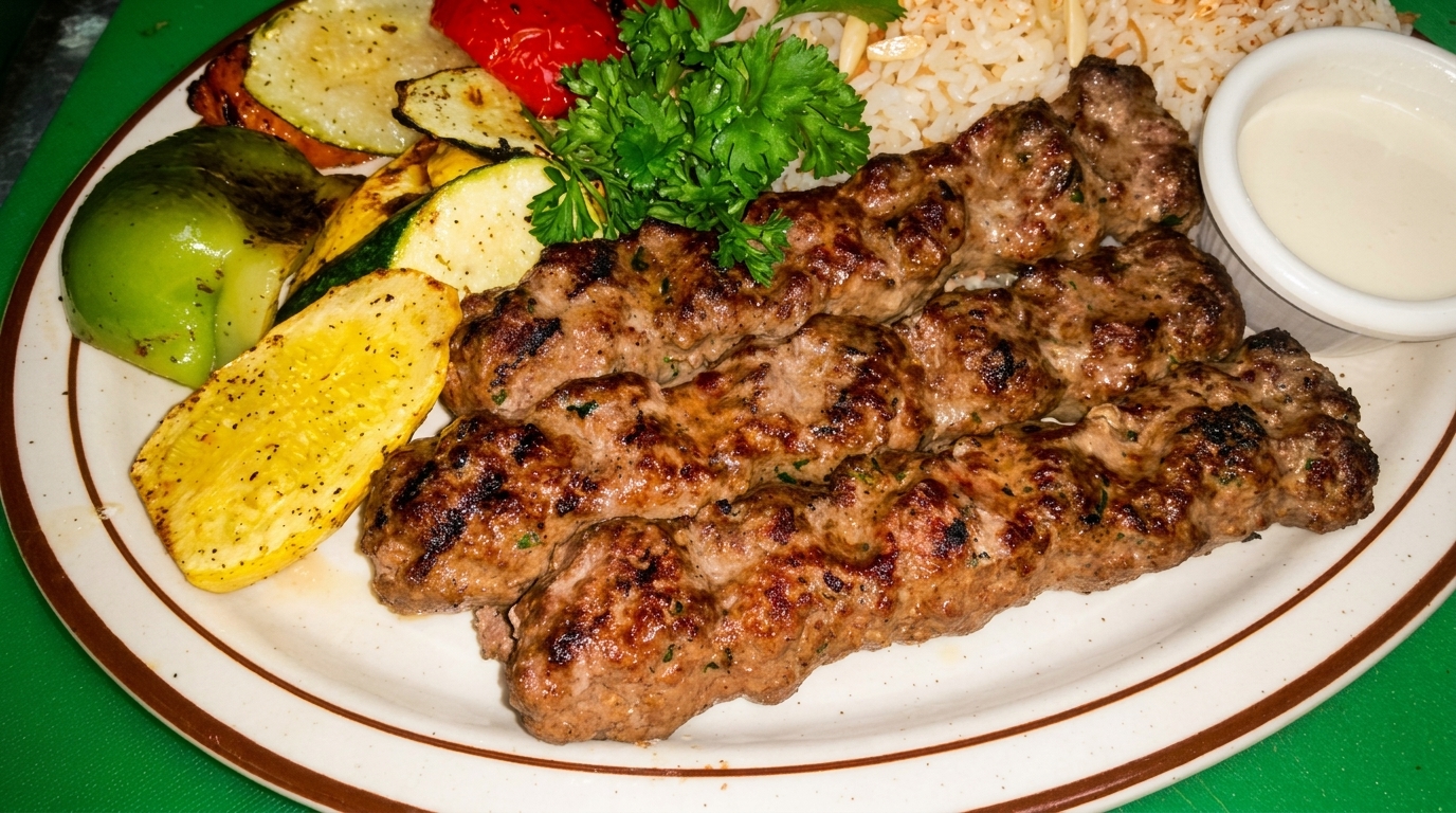 Grilled kofta kebabs with rice, roasted vegetables, and a side of white sauce on a plate.