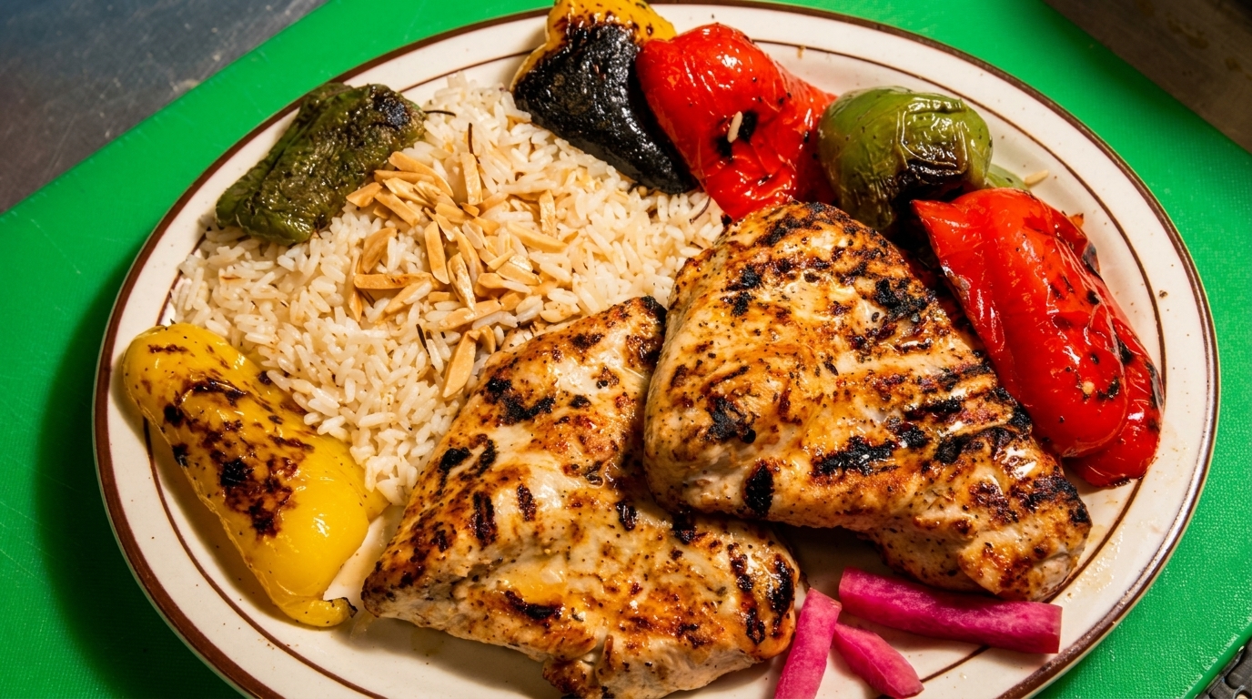 Grilled chicken breast, rice with almonds, and colorful roasted bell peppers on a plate.