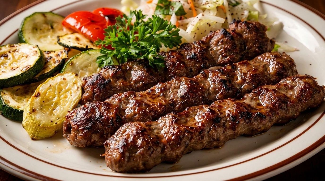 Grilled meat skewers with charred zucchini, tomatoes, and a side of coleslaw on a white plate.