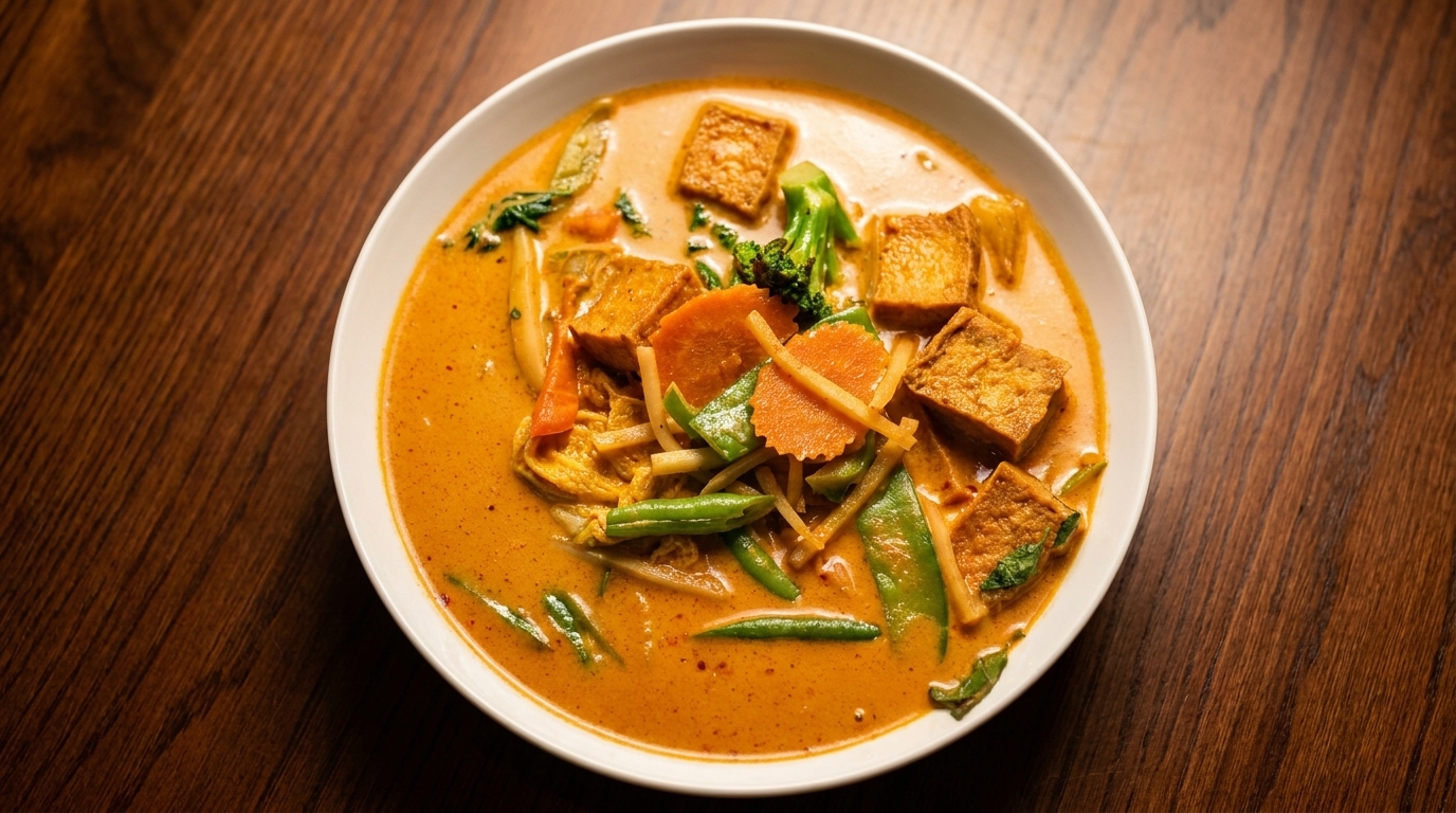 A white bowl of red curry with tofu, carrots, broccoli, and green beans on a wooden table.