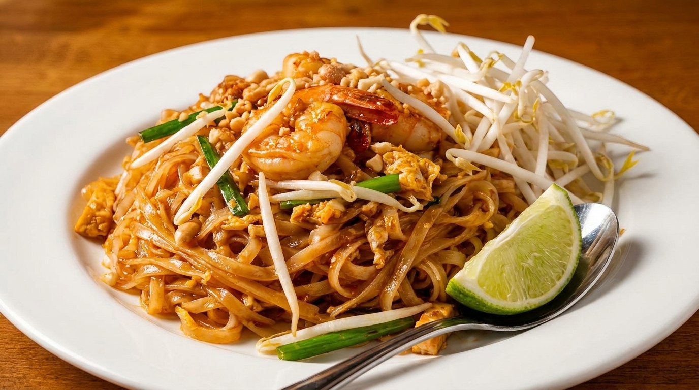 A white plate of Pad Thai with shrimp, bean sprouts, peanuts, and a lime wedge.