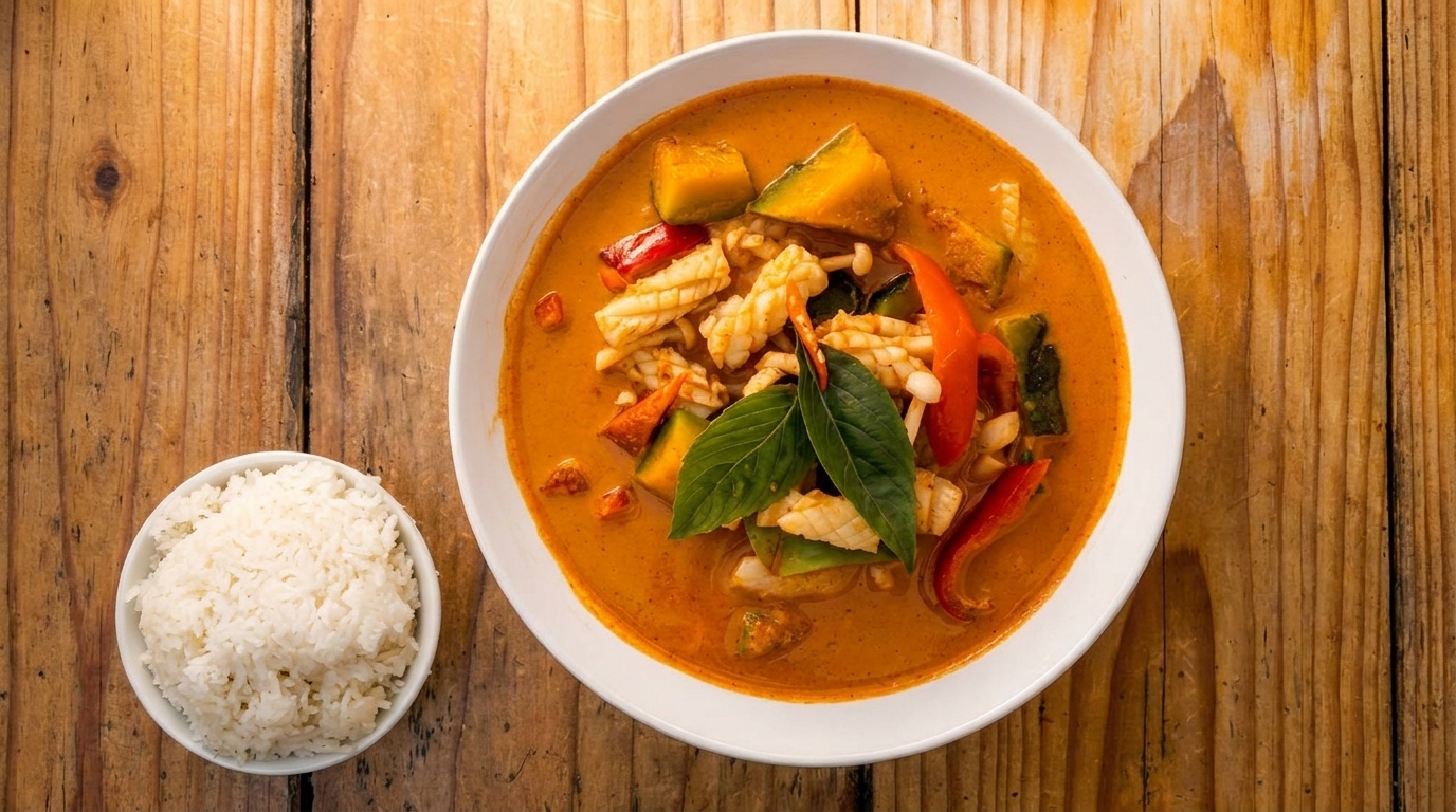 Squid and vegetable red curry with a side of white rice on a wooden table.