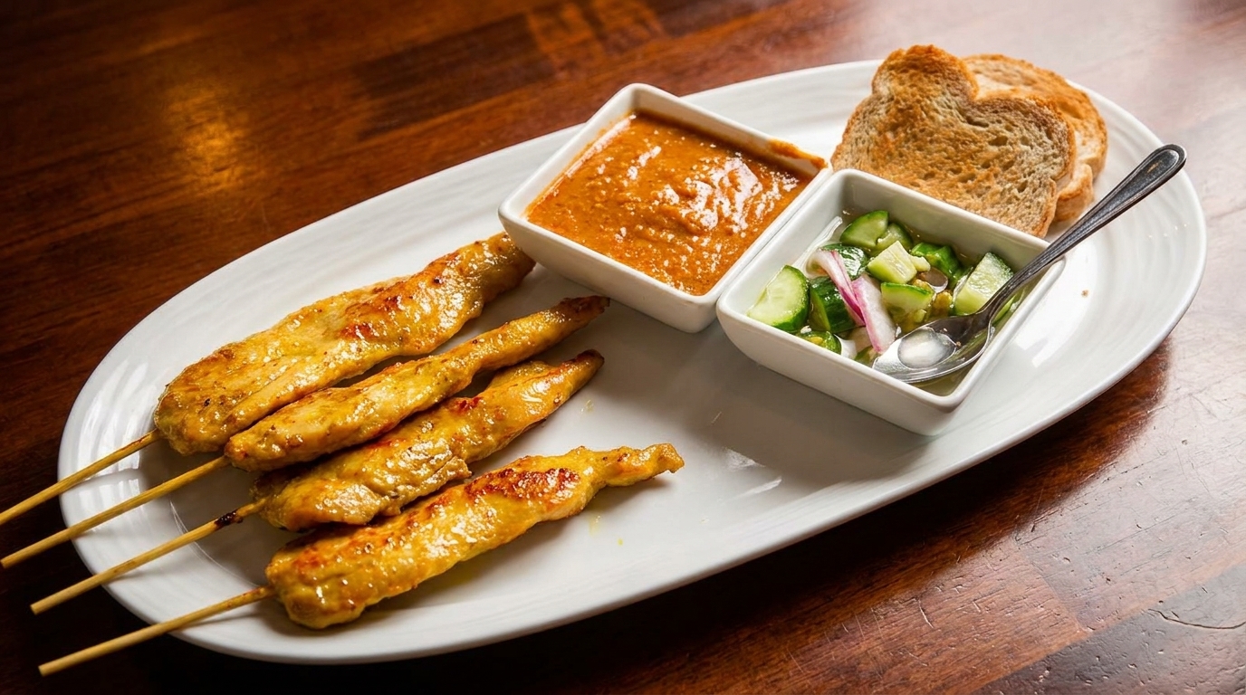 Chicken satay skewers with peanut sauce, cucumber salad, and toasted bread on a white plate.