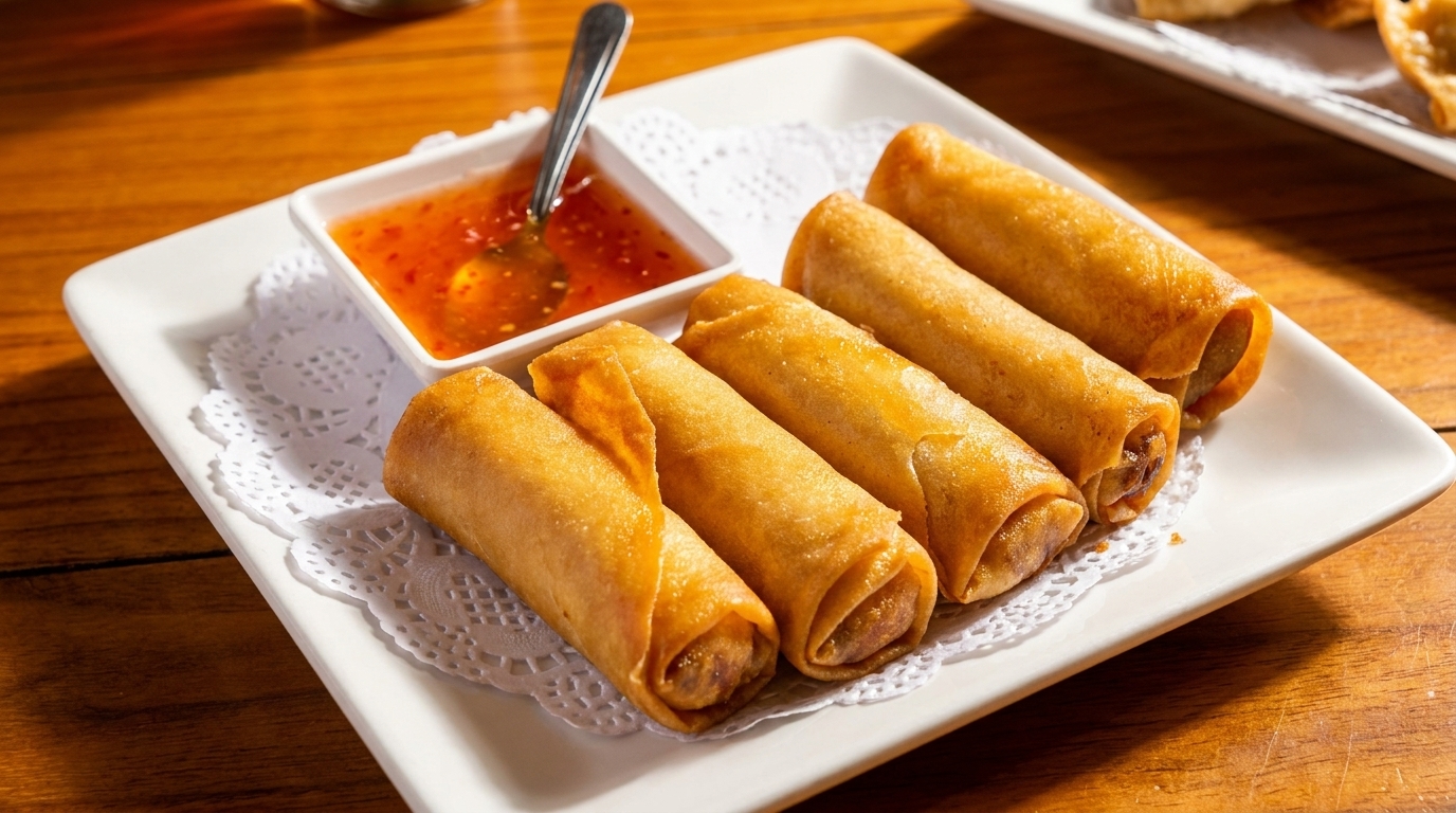 Five golden-brown spring rolls on a white plate with a side of sweet chili dipping sauce.