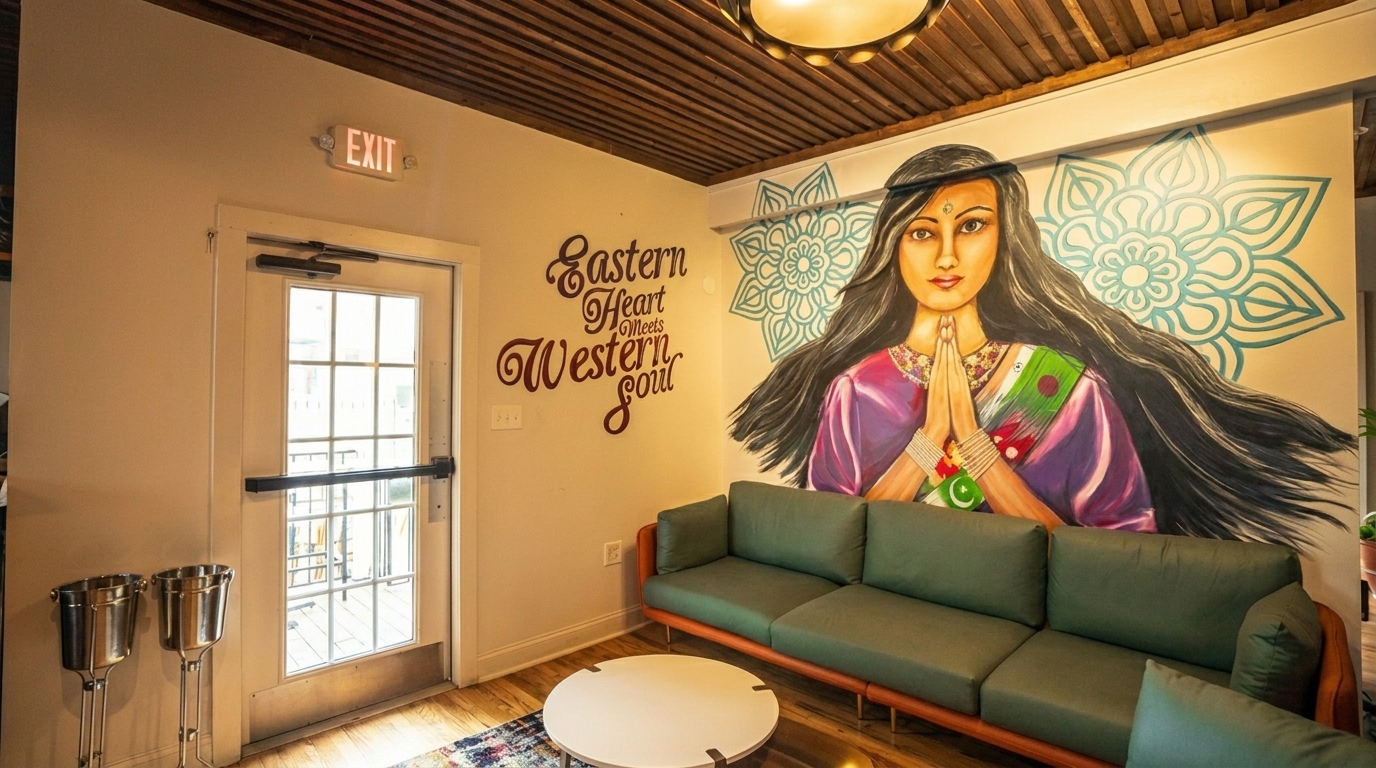 Restaurant waiting area with a green sofa, white coffee table, and a large mural of a woman.