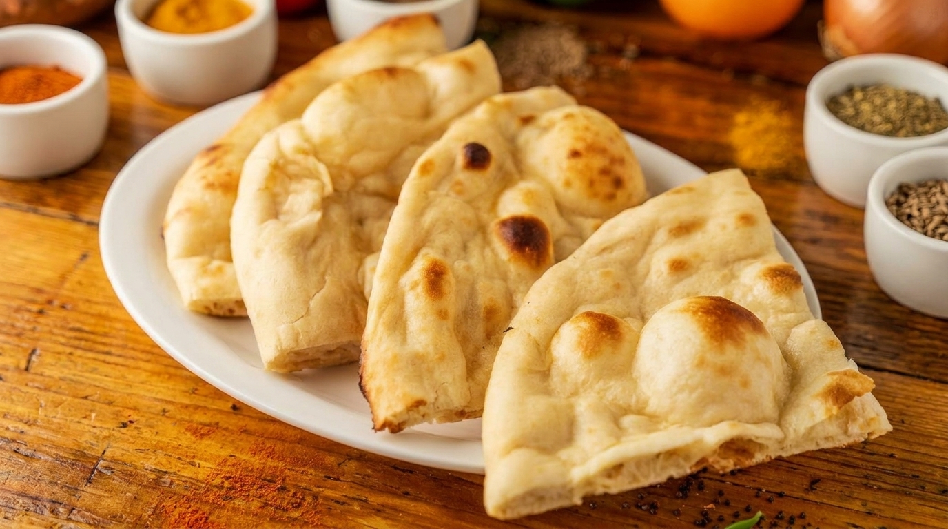 Golden-brown naan bread pieces on a white plate, surrounded by small bowls of colorful spices on a wooden table.