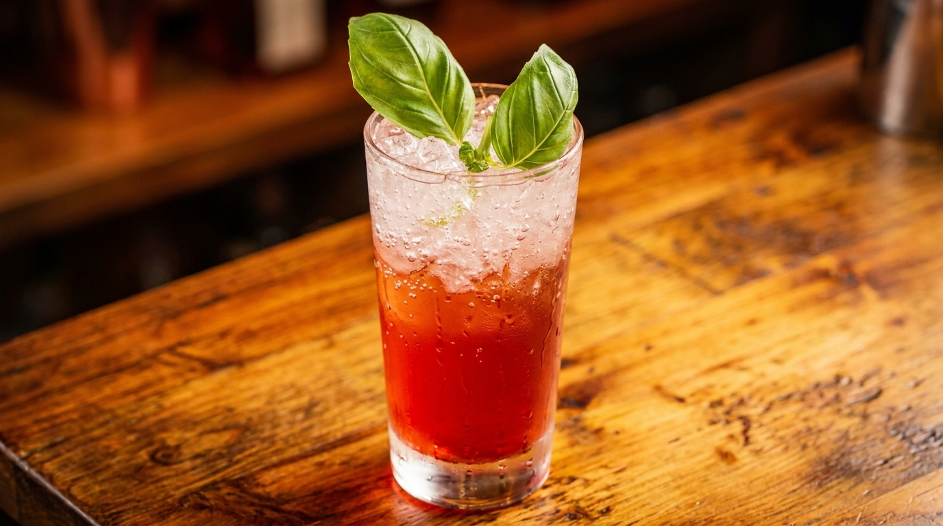 Red cocktail with ice and basil garnish on a rustic wooden bar.