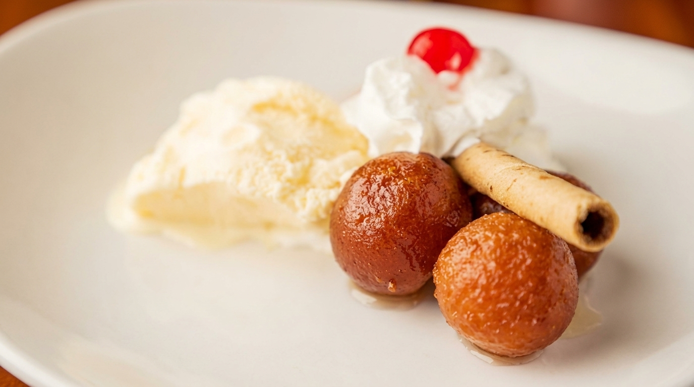 Gulab jamun dessert with vanilla ice cream, whipped cream, a cherry, and a wafer roll.