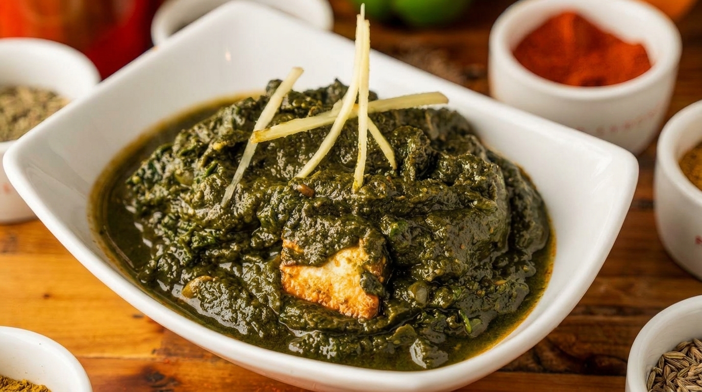 Palak Paneer, a vibrant green spinach and cheese curry, garnished with ginger slivers in a white bowl.